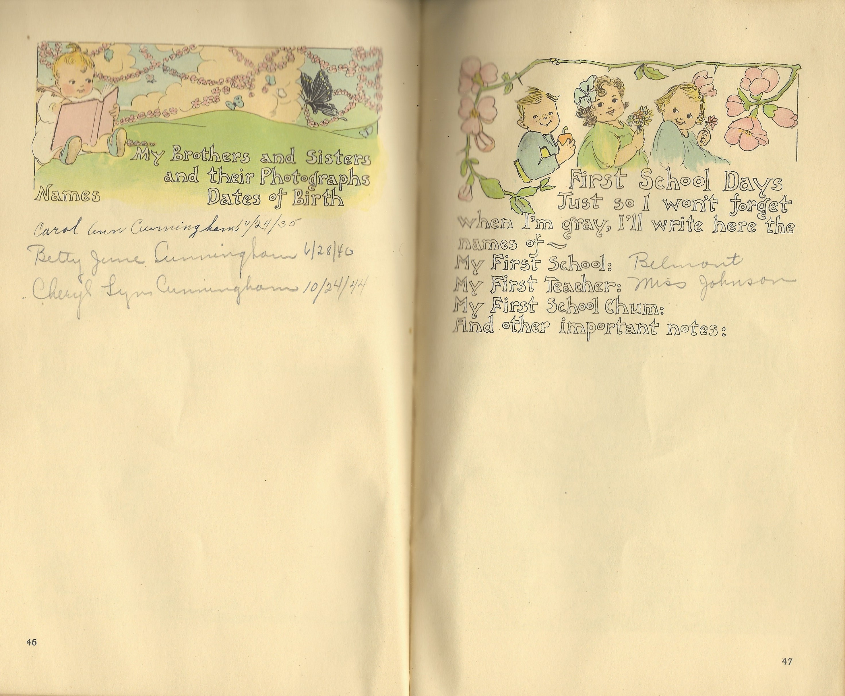 Baby book pages, Alice Cunningham sisters